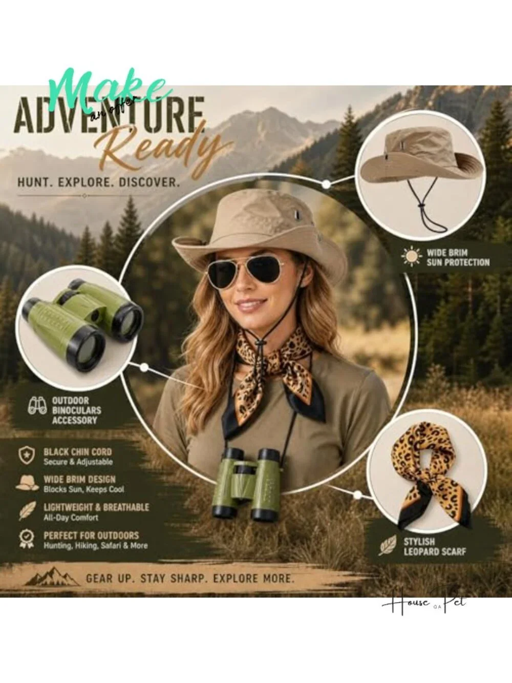 4-Piece Safari Costume Kit Sun Bucket Hat Leopard Scarf Binoculars Cosplay